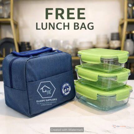 Lunch Bag with 3-Piece Airtight Glass Food Bowl Set – 1040ml, 680ml & 410ml | OrderMania Kenya