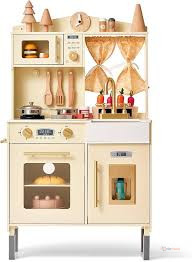Kids Wooden Kitchen Playset with Microwave, Sink, Oven & Cookware