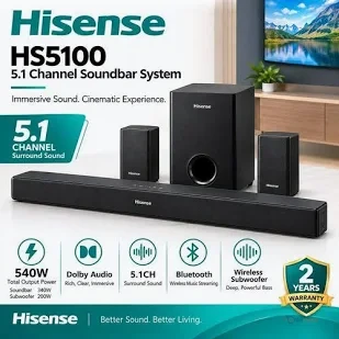 Hisense HS5100 5.1CH Soundbar – 540W Home Theatre System with Wireless Subwoofer, Rear Speakers, Bluetooth & Dolby Audio