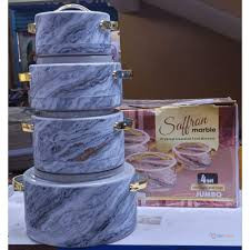 Saffron 4pc Hotpot Set – Marble-Like Finish with Elegant Gold Handles | Food Warmer & Serving Set