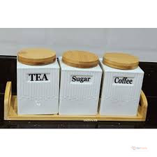 3Pcs Ceramic Canisters Set 500ml with Bamboo Stand – Kitchen Storage
