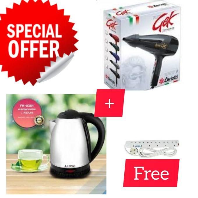 Ceriotti GEK 3800 Professional Hair Blow Dryer + Free Electric Kettle – 2 Speed & 3 Heat Settings for Home & Salon Use