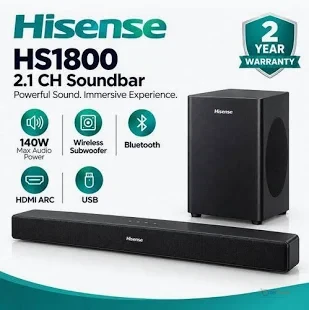 Hisense HS1800 2.1CH 140W Soundbar – Wireless Subwoofer with Bass Boost, Bluetooth, HDMI ARC & USB