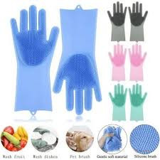 Silicone Washing Gloves with Scrubber Pads Waterproof Heat Resistant 1-3 Pairs