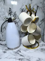Sundabest 7-Piece Breakfast Set – 2L Vacuum Flask & 6 Ceramic Mugs