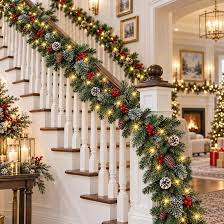 2.7M Pre-Decorated Green Christmas Garland with Built-In Lights – Festive Home and Staircase Décor