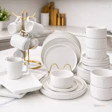 32pc Sand-Touch Matte Finish European Porcelain Dinner Set – Elegant Modern Tableware Set