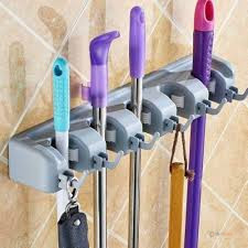 Broom & Mop Holder Wall Mounted Organizer – 5 Positions & 6 Hooks for Brooms, Mops, Brushes & Cleaning Tool Storage