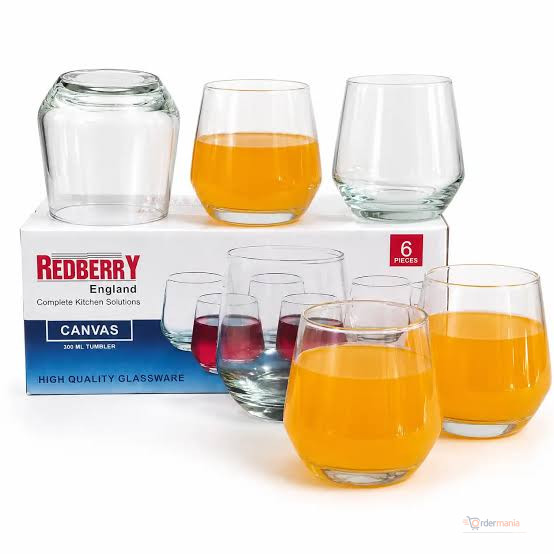 6Pcs Redberry Canvas 300ML Tumbler Glasses – Drinking Glass Set for Water, Juice, Smoothies & Everyday Home Use