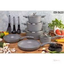 Edenburg 15pc Cookware Set Grey – Non-Stick Ceramic Marble Pots & Pans with Glass Lids