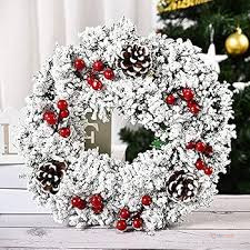 32cm Snow Flocked Christmas Wreath with Pine Cones – Front Door Festive Decoration