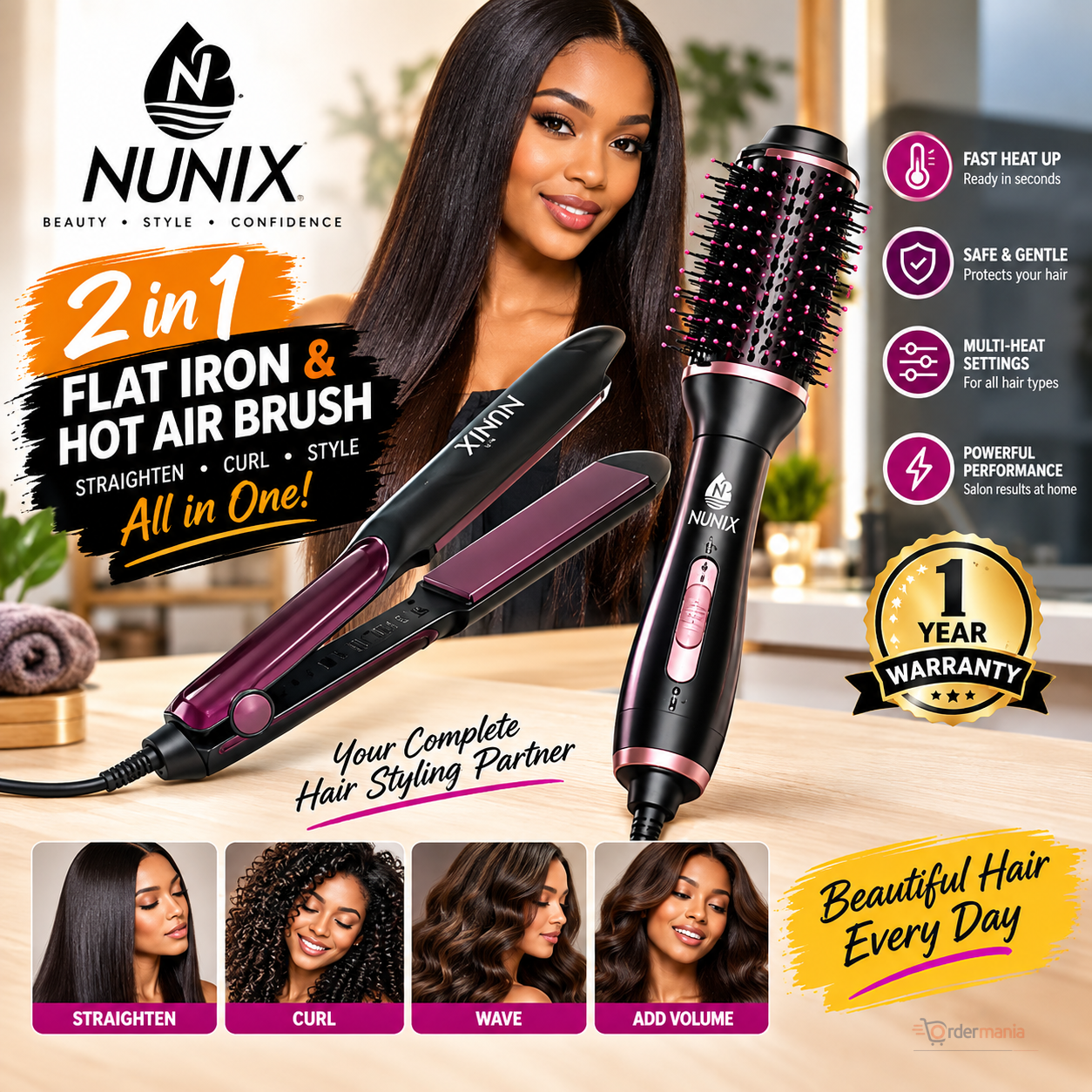 2-in-1 Flat Iron & Hot Air Brush Combo – Hair Straightener and Hot Air Styling Brush for Home, Salon & Everyday Hair Styling