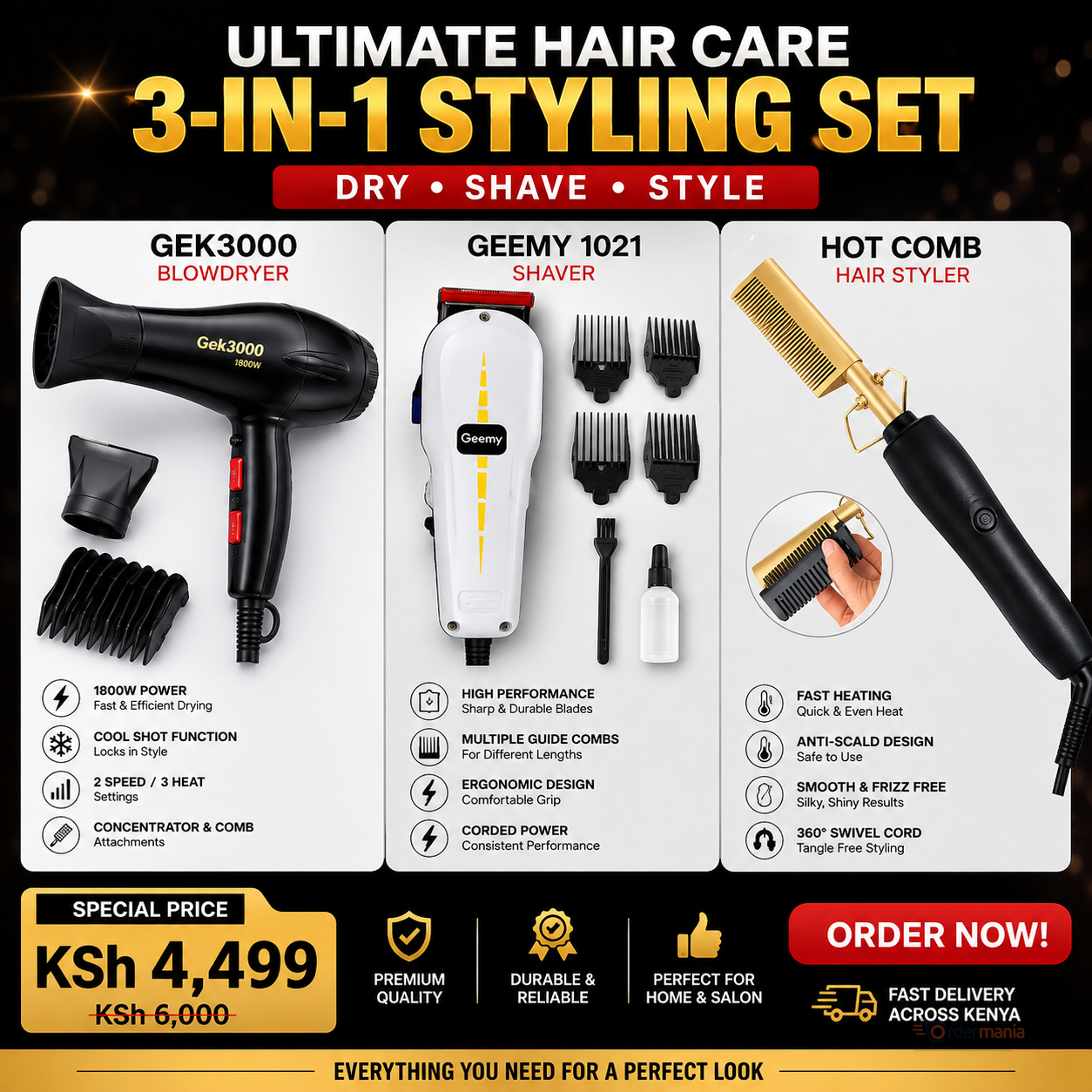 3-in-1 Hair Styling Set – GEK3000 Blow Dryer + Geemy 1021 Shaver + Hot Comb for Hair Drying, Grooming & Styling