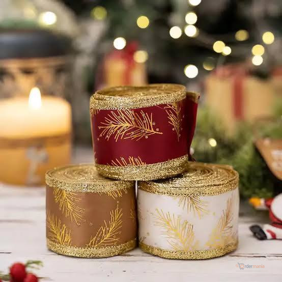 Glitter Gold Leaf Christmas Ribbon with Iron Wire – Decorative Gift Wrapping & DIY Craft Ribbon