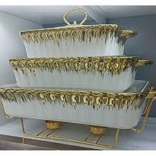 3Pcs White Gold Ceramic Chafing Dish Set | 3.5L, 2.5L & 1.8L Serving Dishes