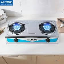 AILYONS Stainless Steel Gas Stove – 2-Burner Tabletop LPG Cooker with Auto Ignition for Home & Everyday Cooking