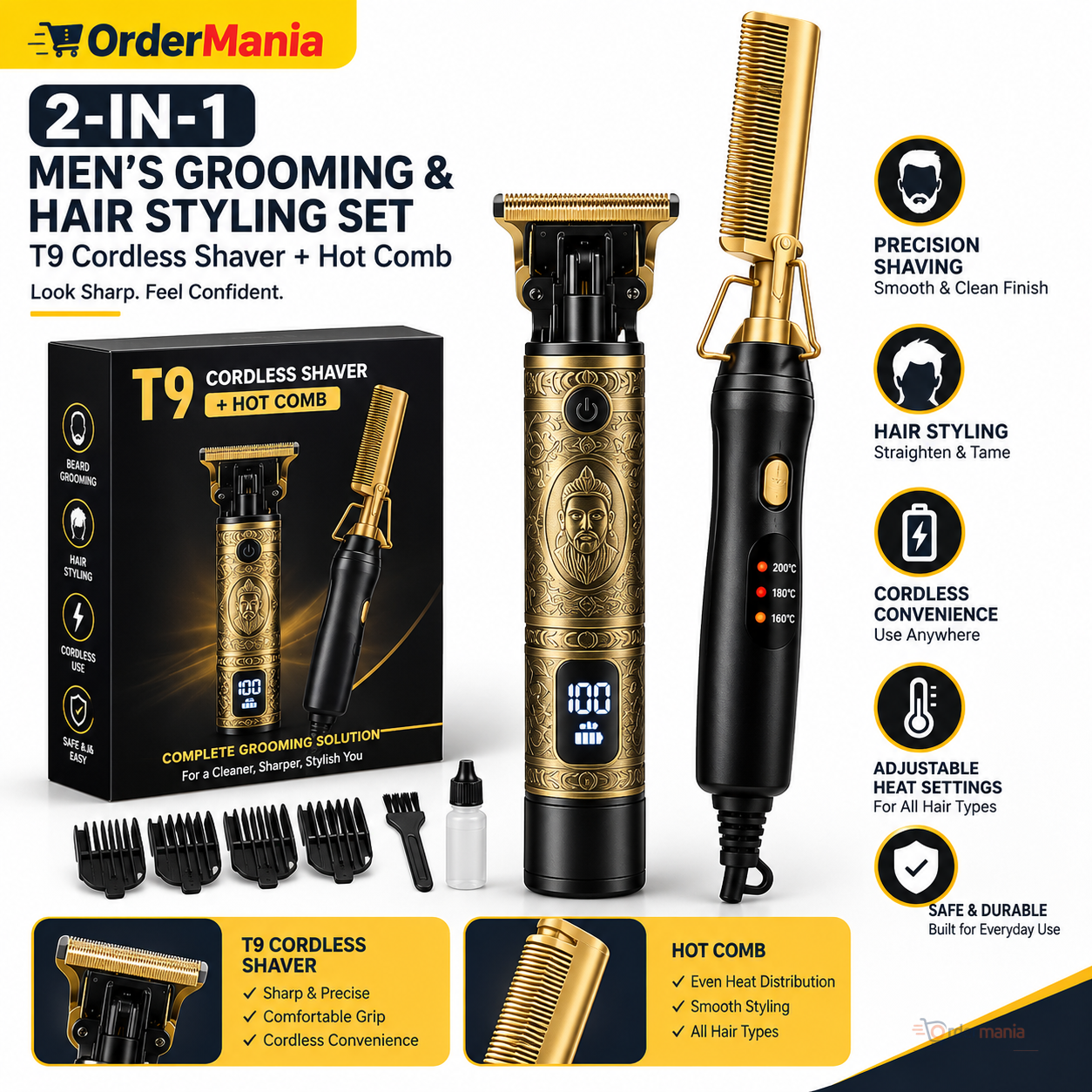 2-in-1 Men's Grooming & Hair Styling Set – T9 Cordless Shaver + Hot Comb