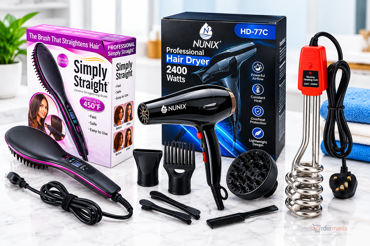 3Pcs Hair Kit Blow Dryer + Hot Comb + Coil Water Heater | Hair Styling Set