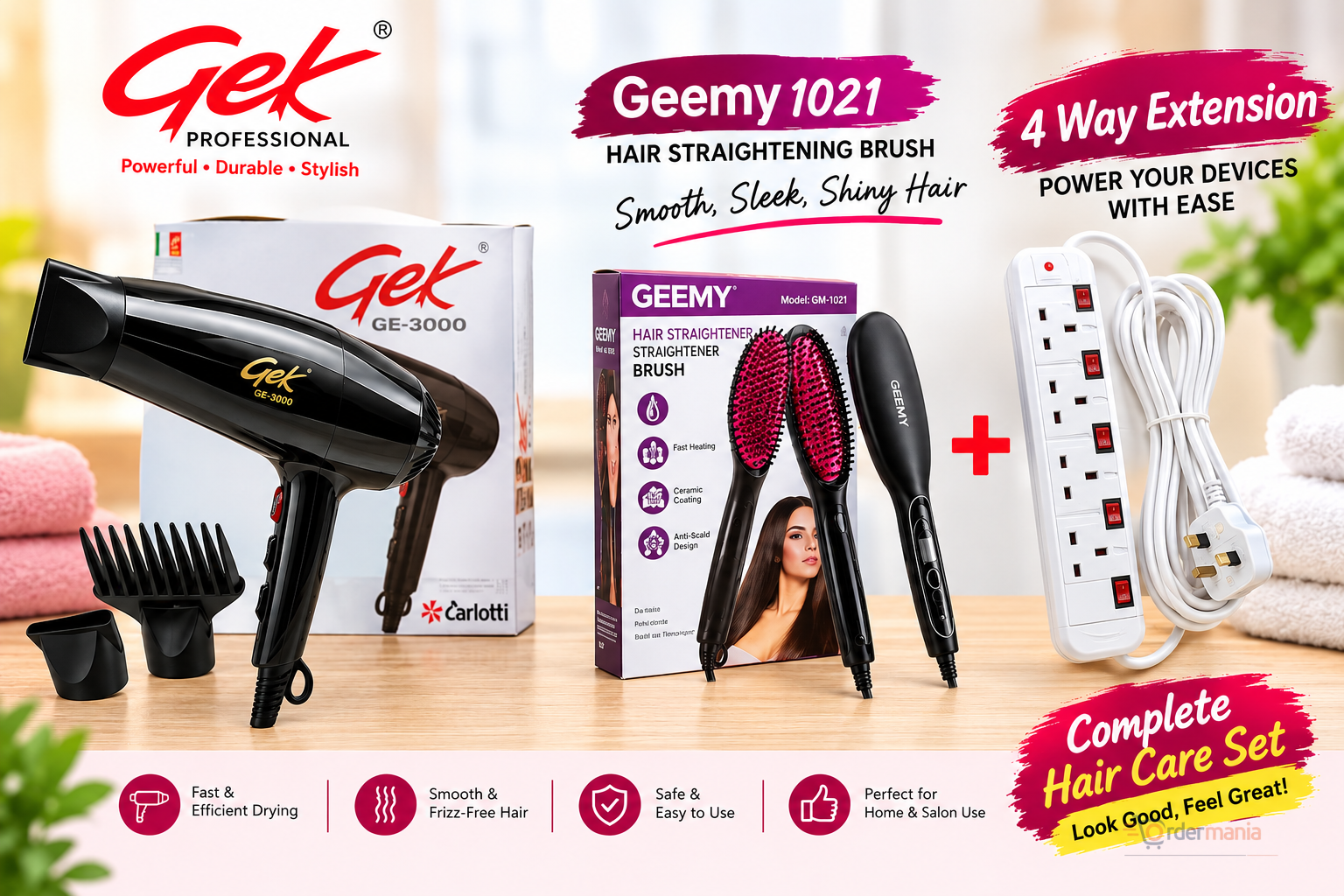 3 Pcs Hair Care Kit – Blow Dryer, Hot Comb & Power Extension Cable