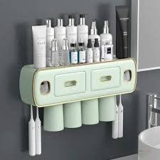 Toothbrush and Toothpaste Holder with Automatic Squeezer, 3 Cups – Wall-Mounted Bathroom Organizer