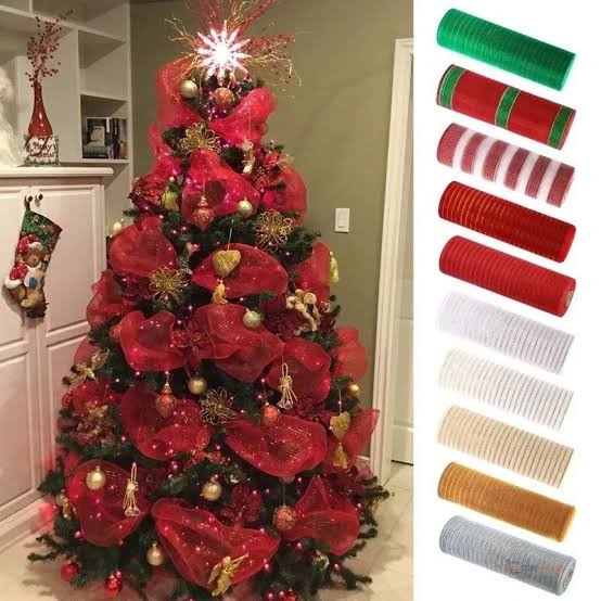 Christmas Ribbon Tree Decoration Mesh Tulle Roll 9.1m × 26cm – Red & Gold Festive Tree Décor Ribbon
