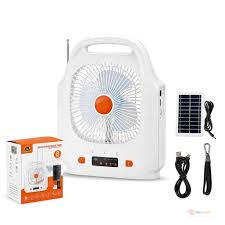8-Inch Rechargeable Solar Fan with Speaker, Twin LED Bulbs, FM Radio and TF Card Support | OrderMania Kenya