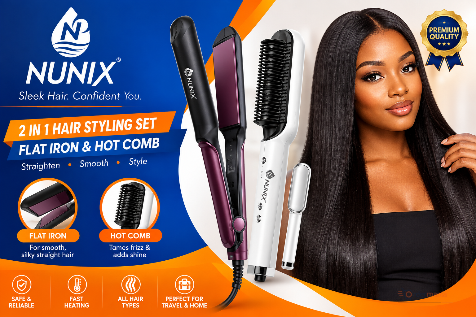 2-in-1 Hair Styling & Care Kit – Flat Iron & Hot Brush Combo for Hair Straightening, Styling.